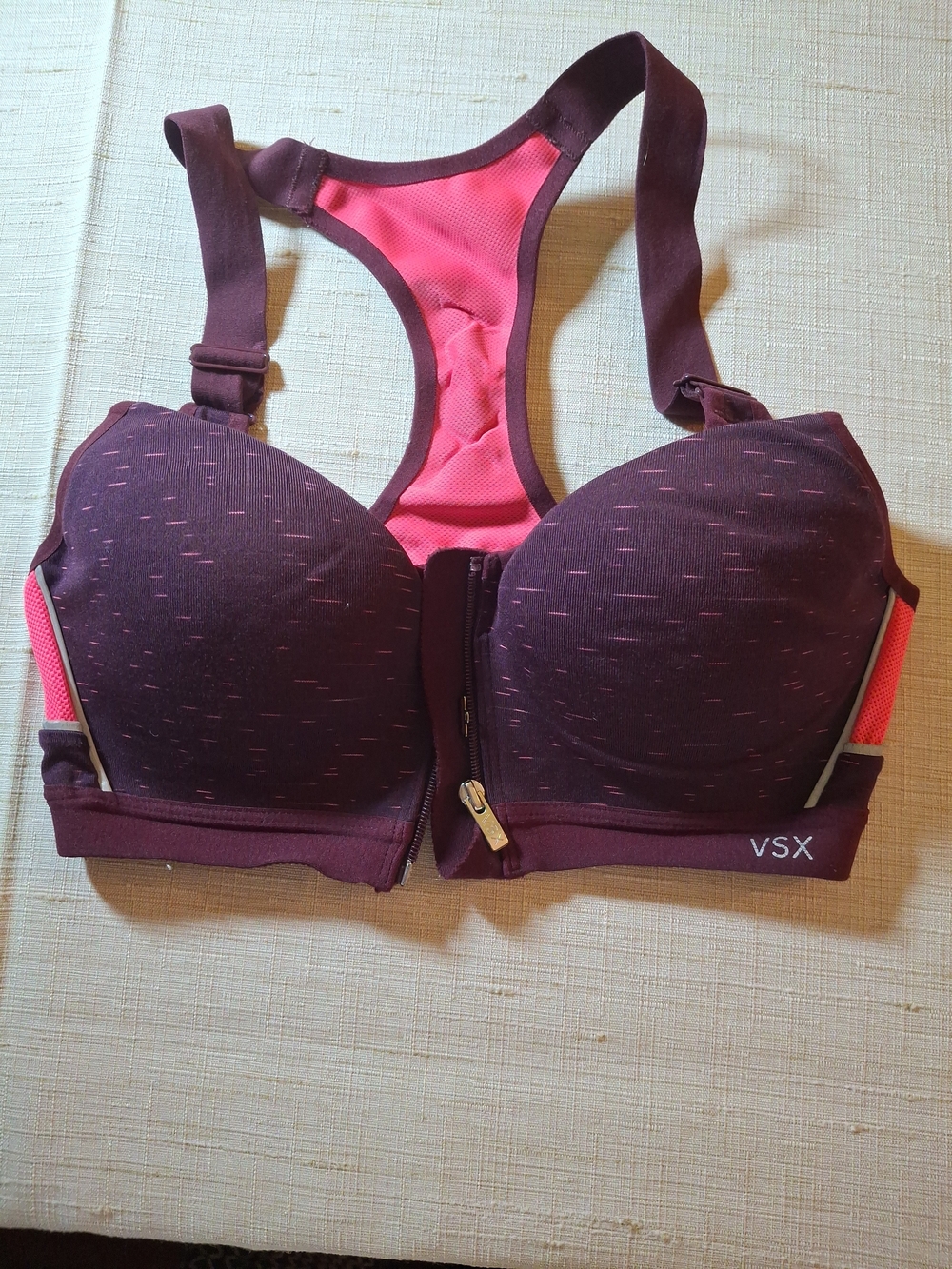 VSX Front-Zip Racerback Sports Bra in Plum with Pink Mesh